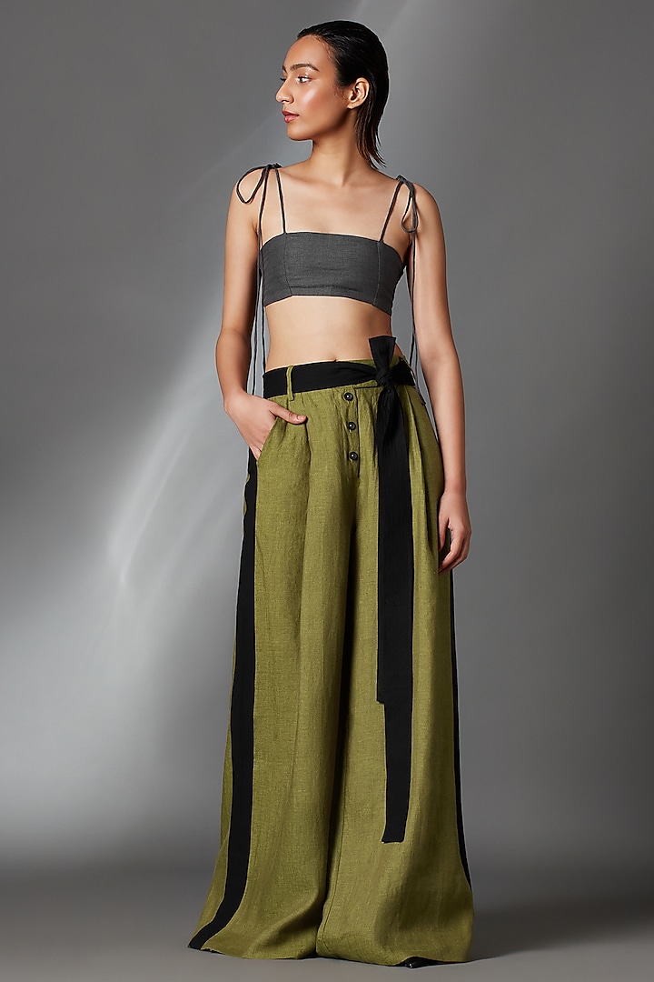 Matcha Green Linen Pleated Trousers by Chola at Pernia's Pop Up Shop