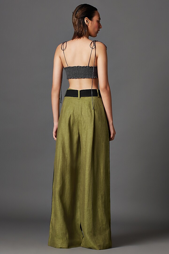 Matcha Green Linen Pleated Trousers by Chola at Pernia's Pop Up Shop
