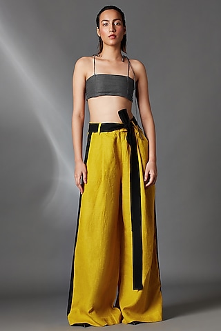 Mustard Linen Pleated Trousers With Belt by Chola