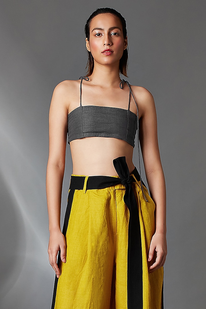 Mustard Linen Pleated Trousers With Belt by Chola at Pernia's Pop Up Shop