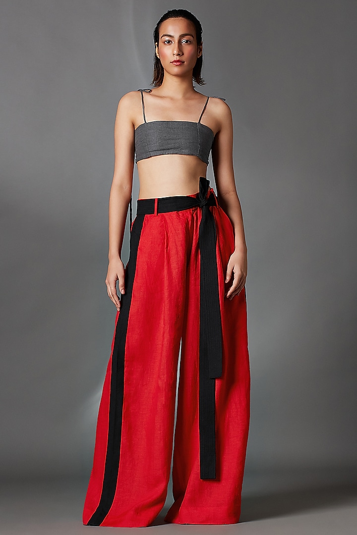 Red Linen Pleated Trousers With Belt by Chola
