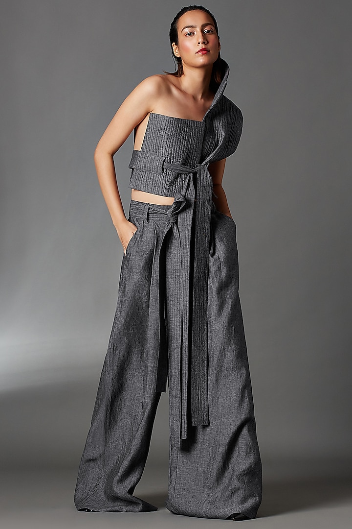 Steel Grey Linen Pleated Trousers by Chola at Pernia's Pop Up Shop