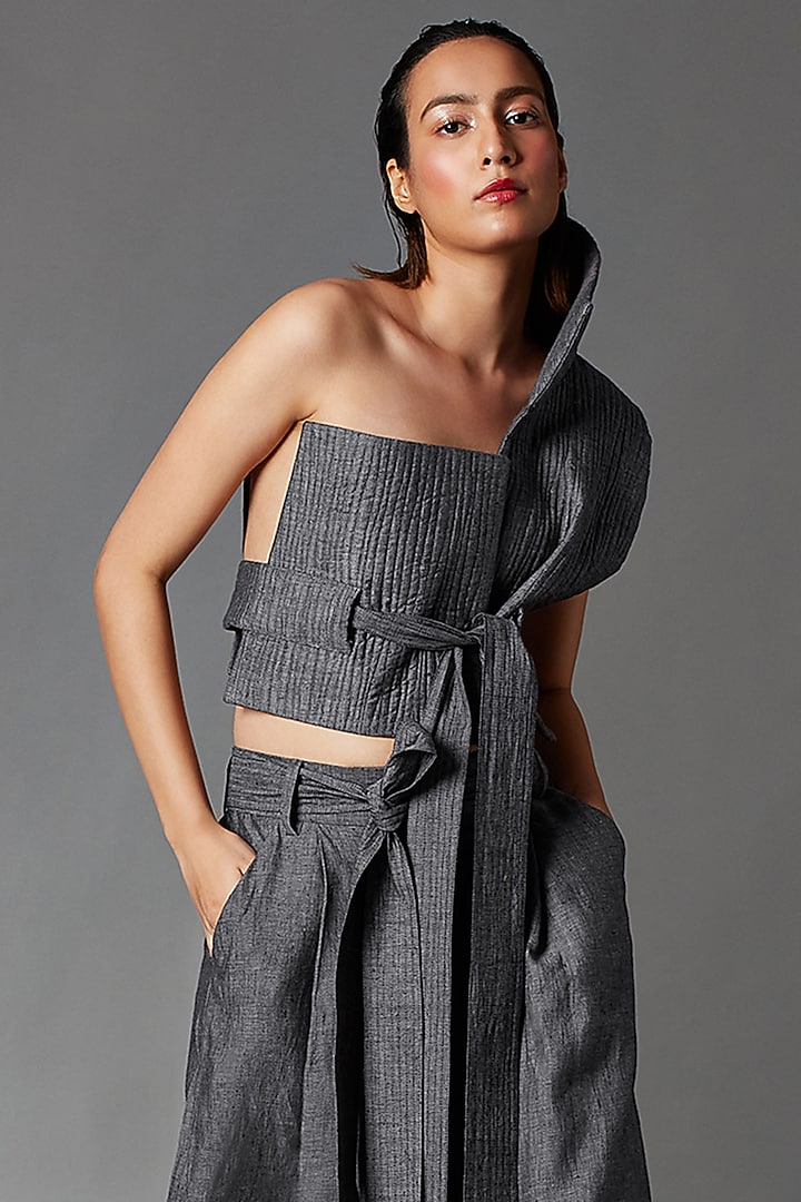 Steel Grey Linen Pleated Trousers by Chola at Pernia's Pop Up Shop