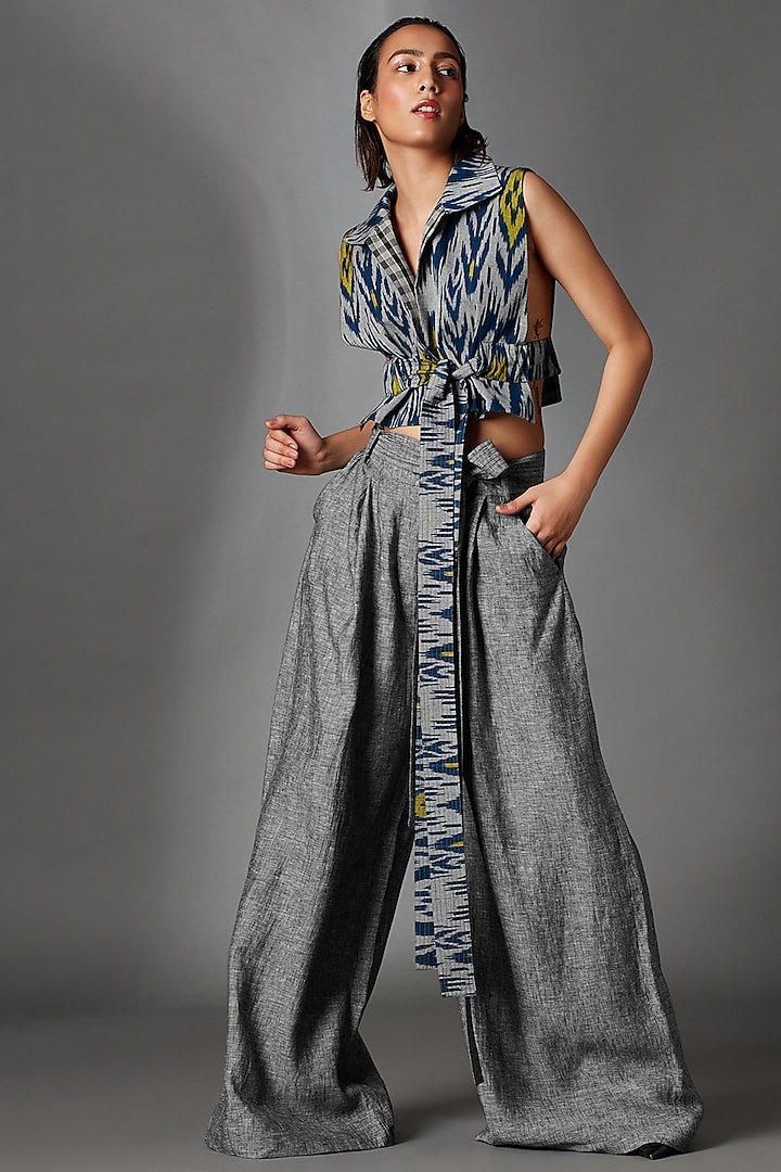 Ash Grey Linen Pleated Trousers With Belt by Chola at Pernia's Pop Up Shop