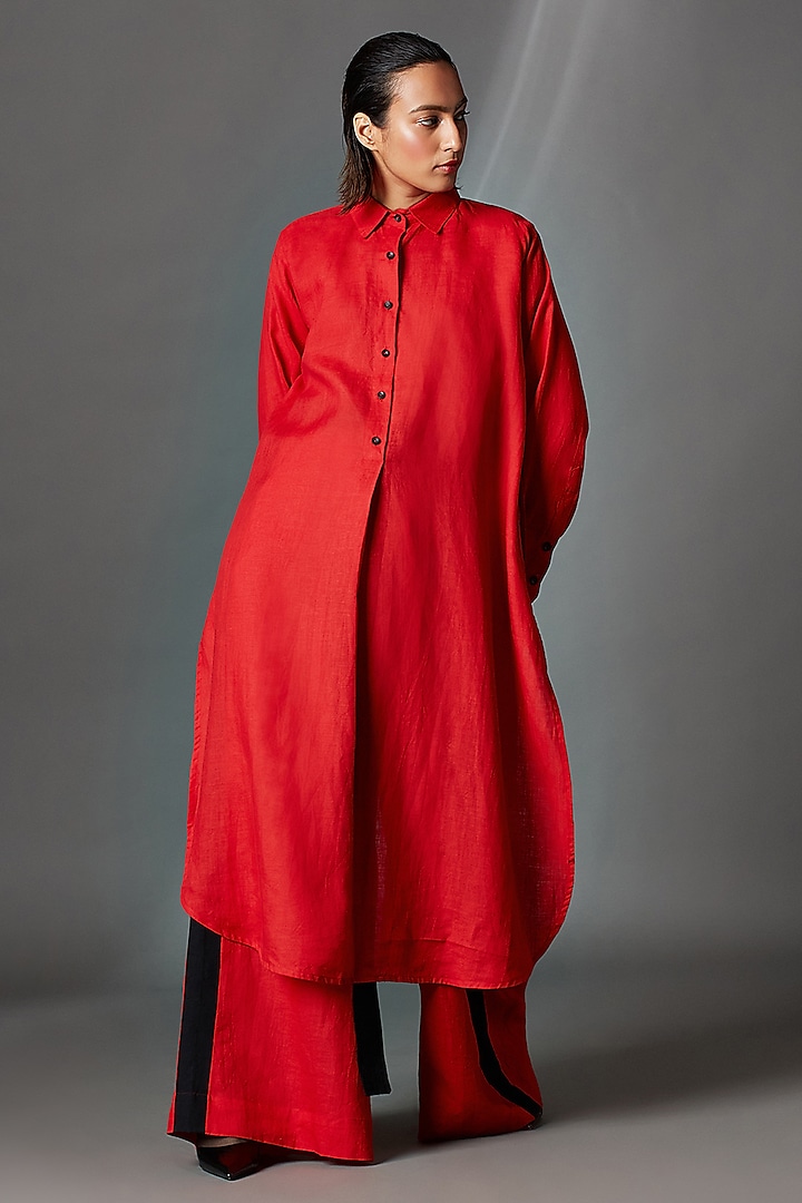 Red Linen Box Pleated Shirt by Chola at Pernia's Pop Up Shop