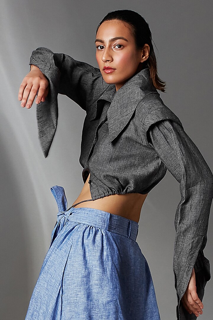 Steel Grey Linen Crop Shirt by Chola at Pernia's Pop Up Shop