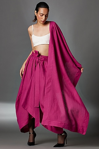 Berry Pink Linen Skirt With Belt by Chola