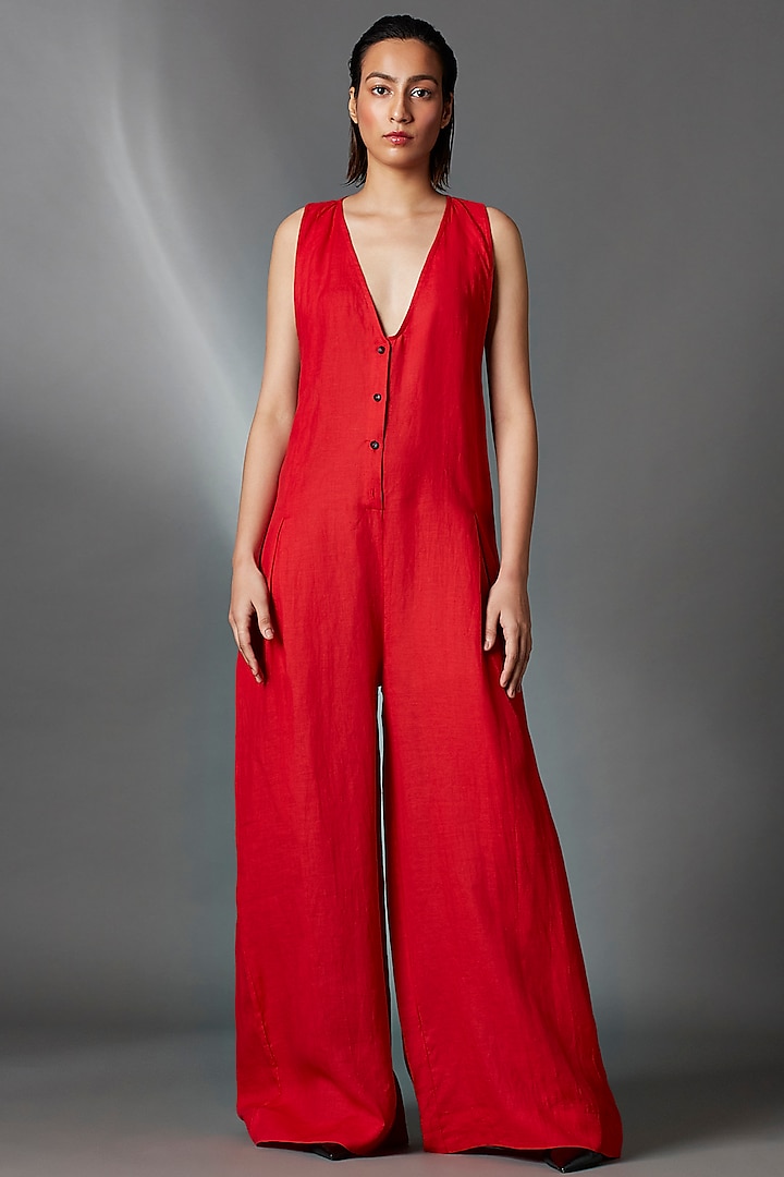 Red Linen Pleated Jumpsuit by Chola