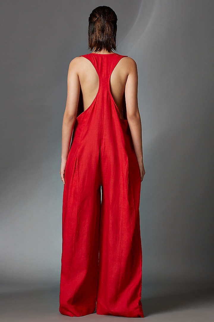 Red Linen Pleated Jumpsuit by Chola at Pernia's Pop Up Shop