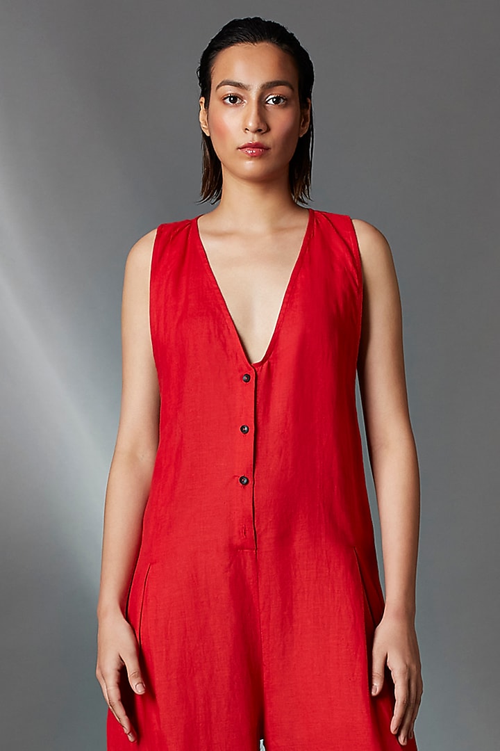 Red Linen Pleated Jumpsuit by Chola at Pernia's Pop Up Shop