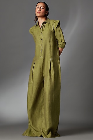 Matcha Green Linen Pleated Jumpsuit by Chola