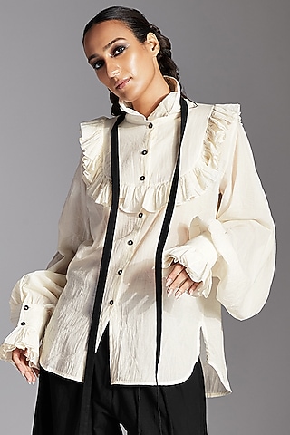 White Organic Cotton Ruffled Shirt by Chola