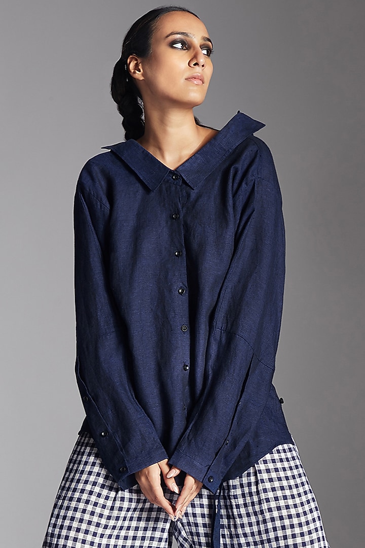 Blue Linen Two-Way Style Shirt by Chola at Pernia's Pop Up Shop