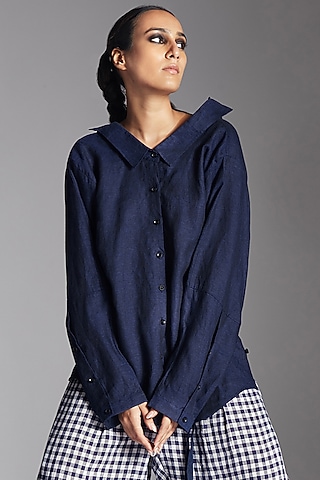 Blue Linen Two-Way Style Shirt by Chola