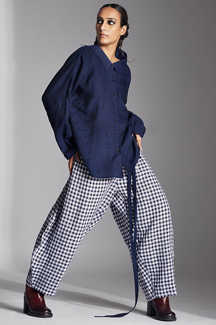 Blue Linen Two-Way Style Shirt by Chola at Pernia's Pop Up Shop