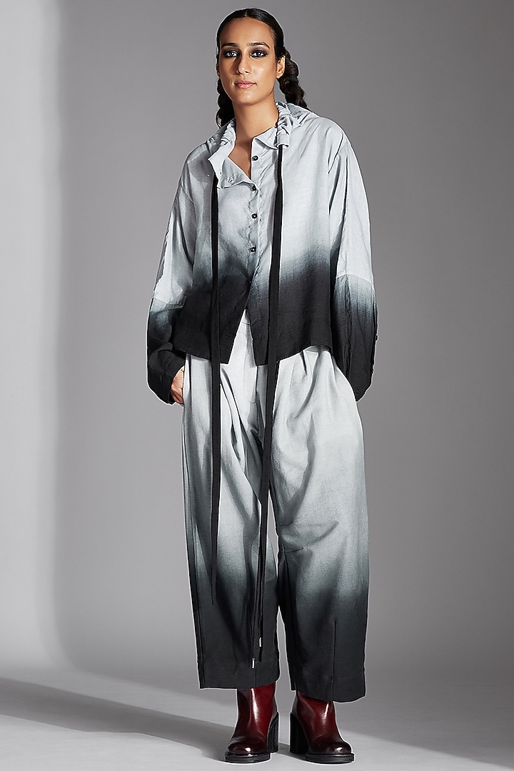 Black Linen Crop Barrel Shape Shirt by Chola at Pernia's Pop Up Shop