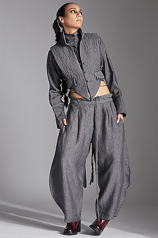 Grey Linen Barrel Trousers by Chola