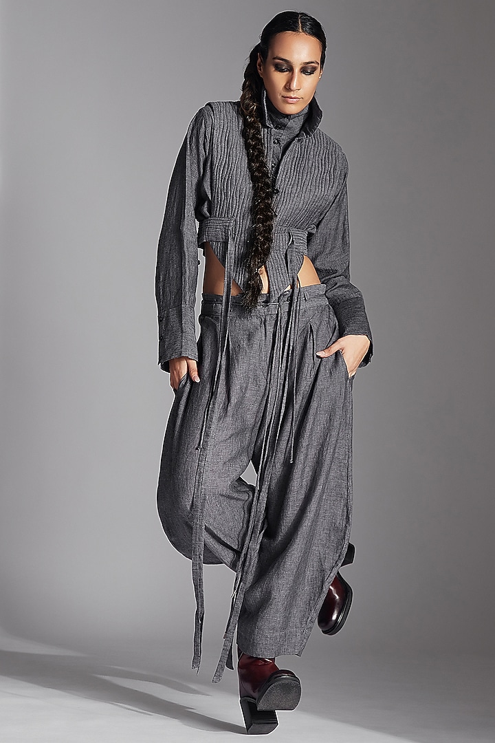 Grey Linen Barrel Trousers by Chola at Pernia's Pop Up Shop