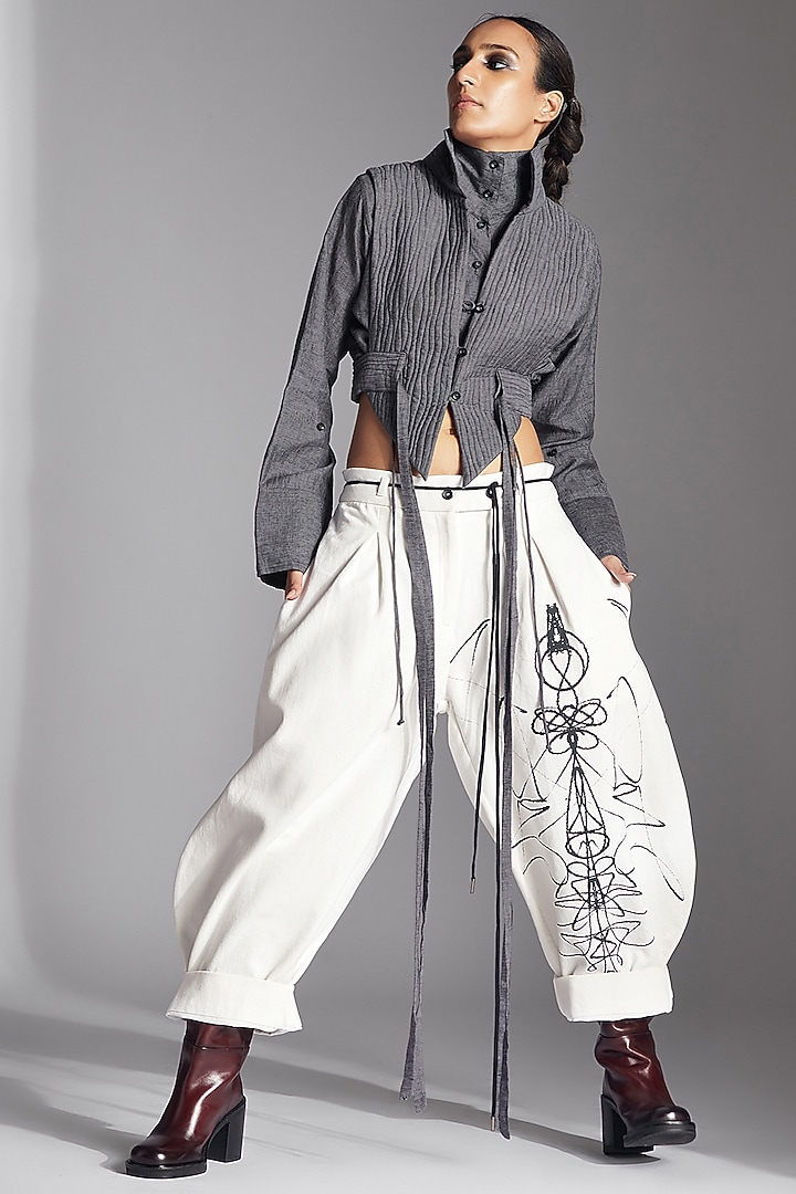 White Cotton Denim Printed Barrel Trousers by Chola at Pernia's Pop Up Shop