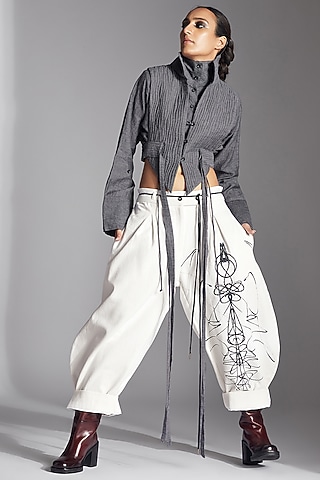 White Cotton Denim Printed Barrel Trousers by Chola