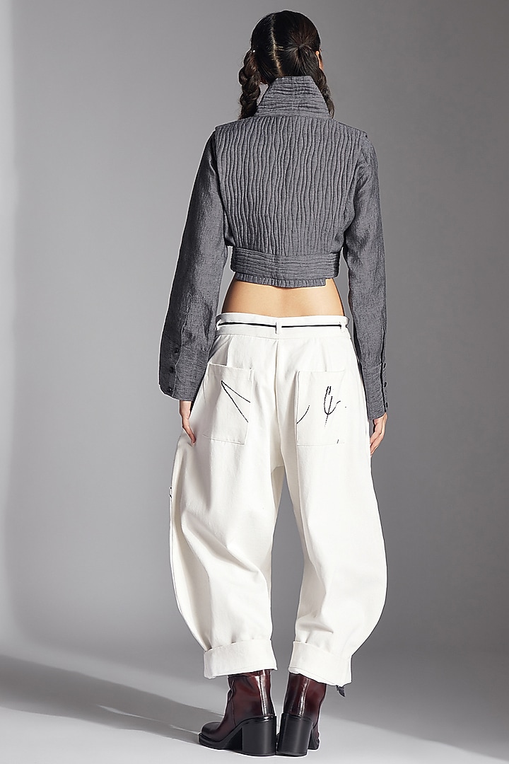 White Cotton Denim Printed Barrel Trousers by Chola at Pernia's Pop Up Shop