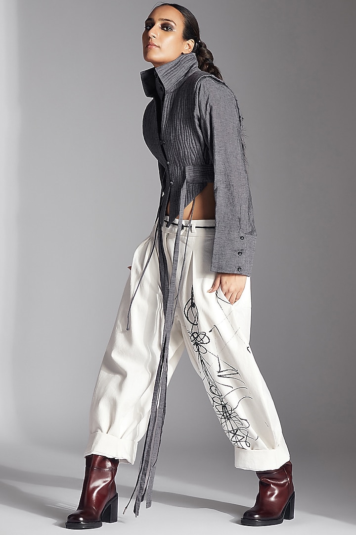 White Cotton Denim Printed Barrel Trousers by Chola at Pernia's Pop Up Shop