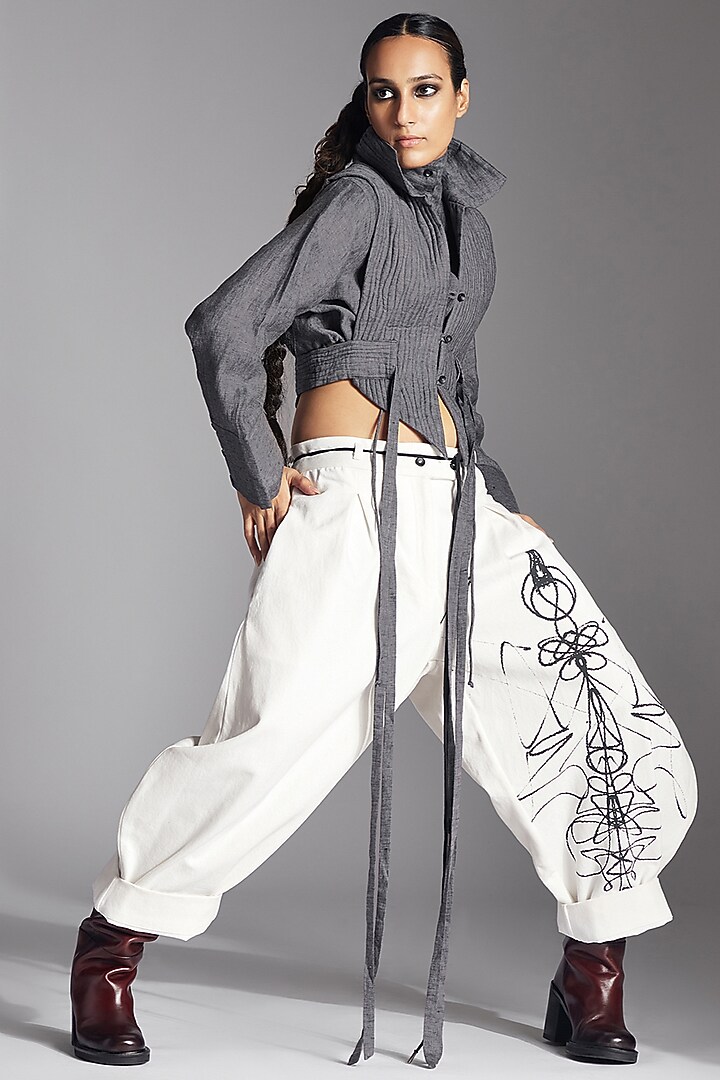 White Cotton Denim Printed Barrel Trousers by Chola at Pernia's Pop Up Shop