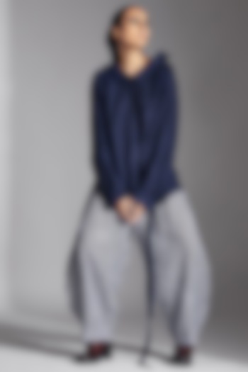Blue Linen Checkered Barrel Trousers by Chola at Pernia's Pop Up Shop