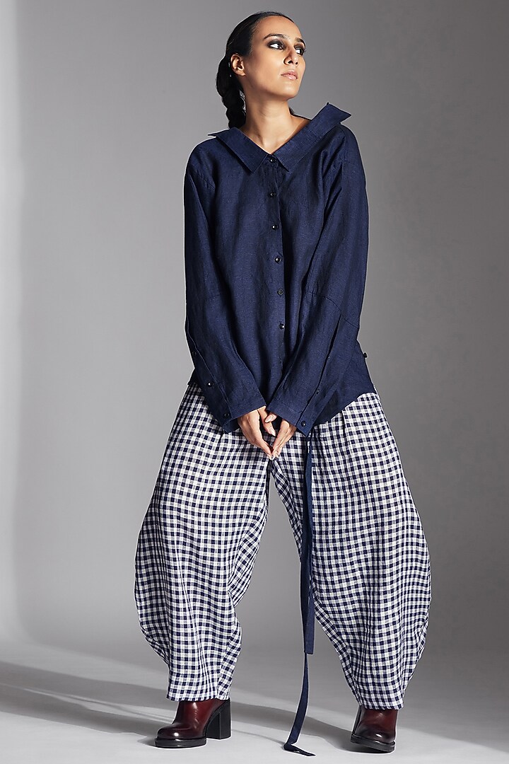 Blue Linen Checkered Barrel Trousers by Chola at Pernia's Pop Up Shop