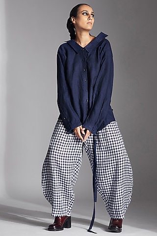 Blue Linen Checkered Barrel Trousers by Chola