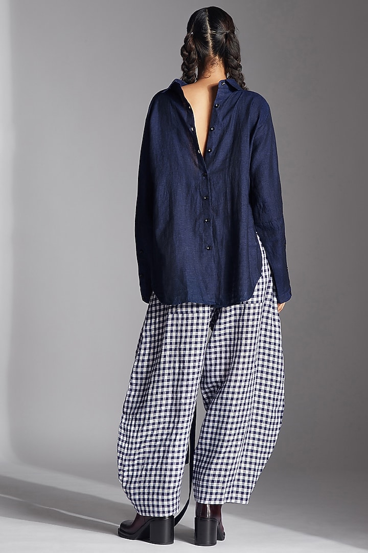 Blue Linen Checkered Barrel Trousers by Chola at Pernia's Pop Up Shop