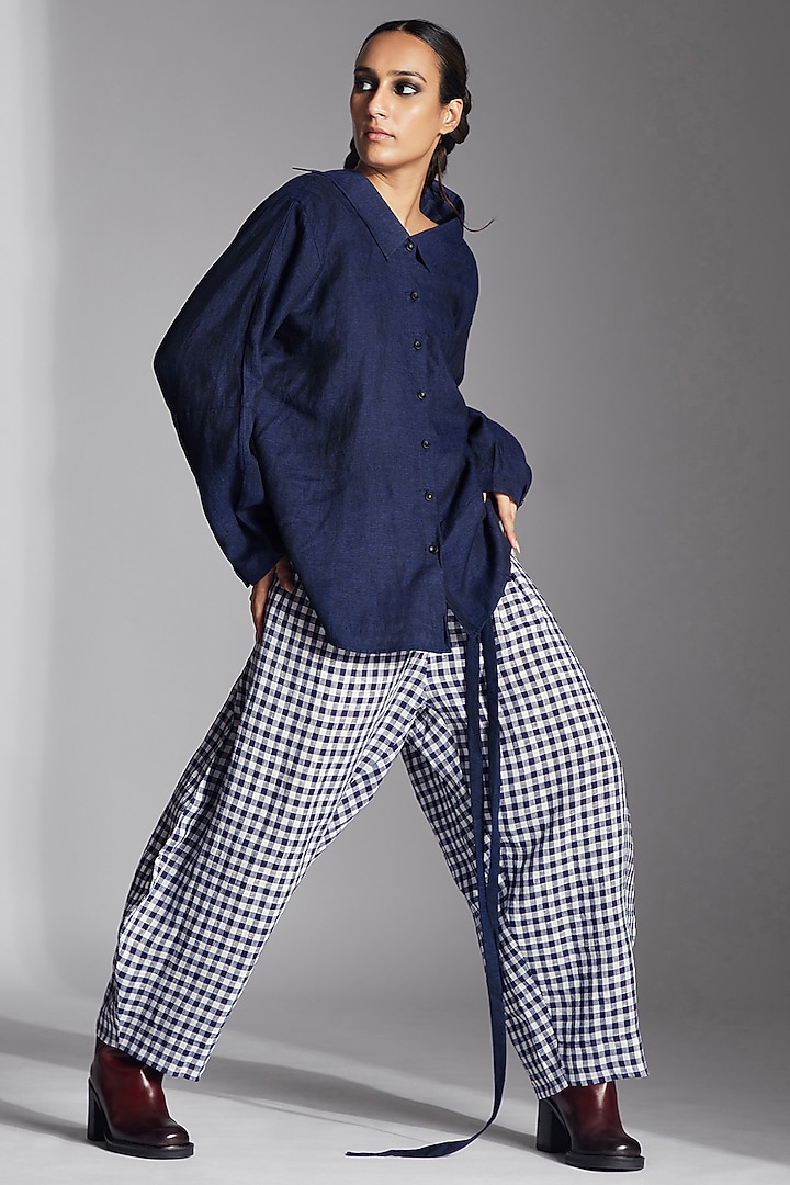 Blue Linen Checkered Barrel Trousers by Chola at Pernia's Pop Up Shop