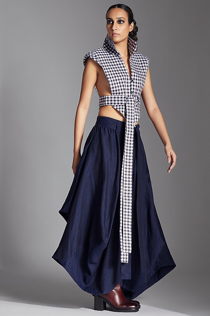 Blue Linen Checkered Jacket by Chola at Pernia's Pop Up Shop