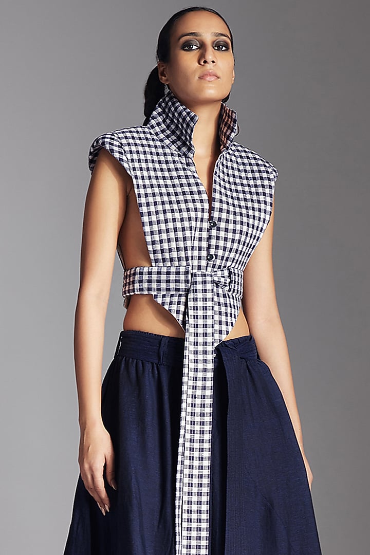 Blue Linen Checkered Jacket by Chola at Pernia's Pop Up Shop