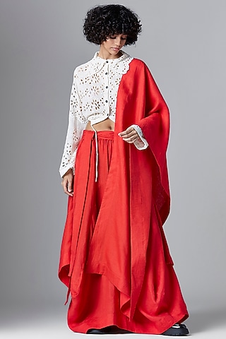 Red Linen Draped Skirt Saree by Chola