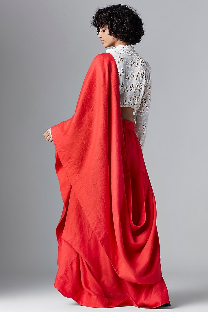 Red Linen Draped Skirt Party Wear Saree by Chola at Pernia's Pop Up Shop