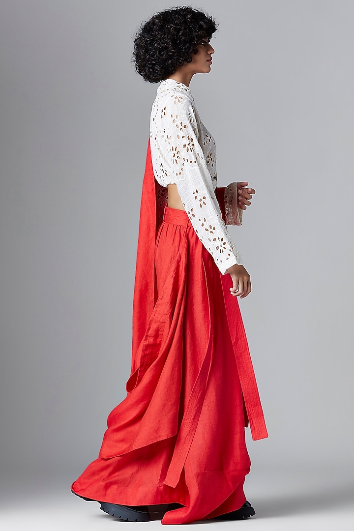 Red Linen Draped Skirt Party Wear Saree by Chola at Pernia's Pop Up Shop
