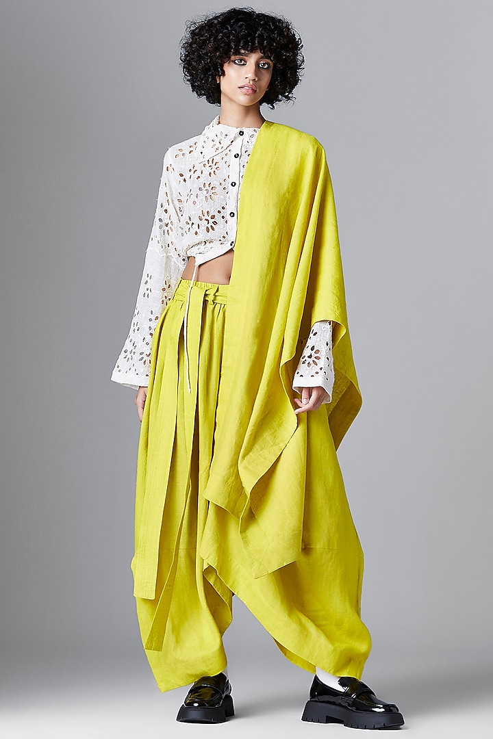 Yellow Linen Dhoti Skirt Saree by Chola