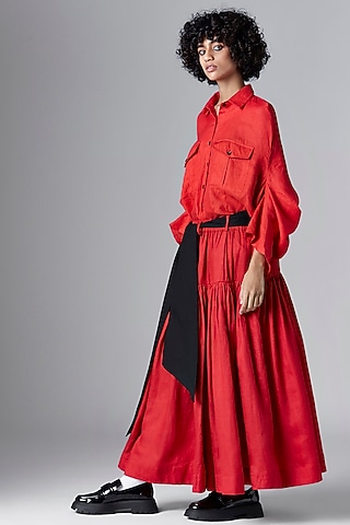 Red Linen Midi Skirt by Chola