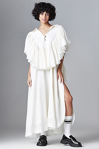 White Organic Cotton Frilled Dress by Chola
