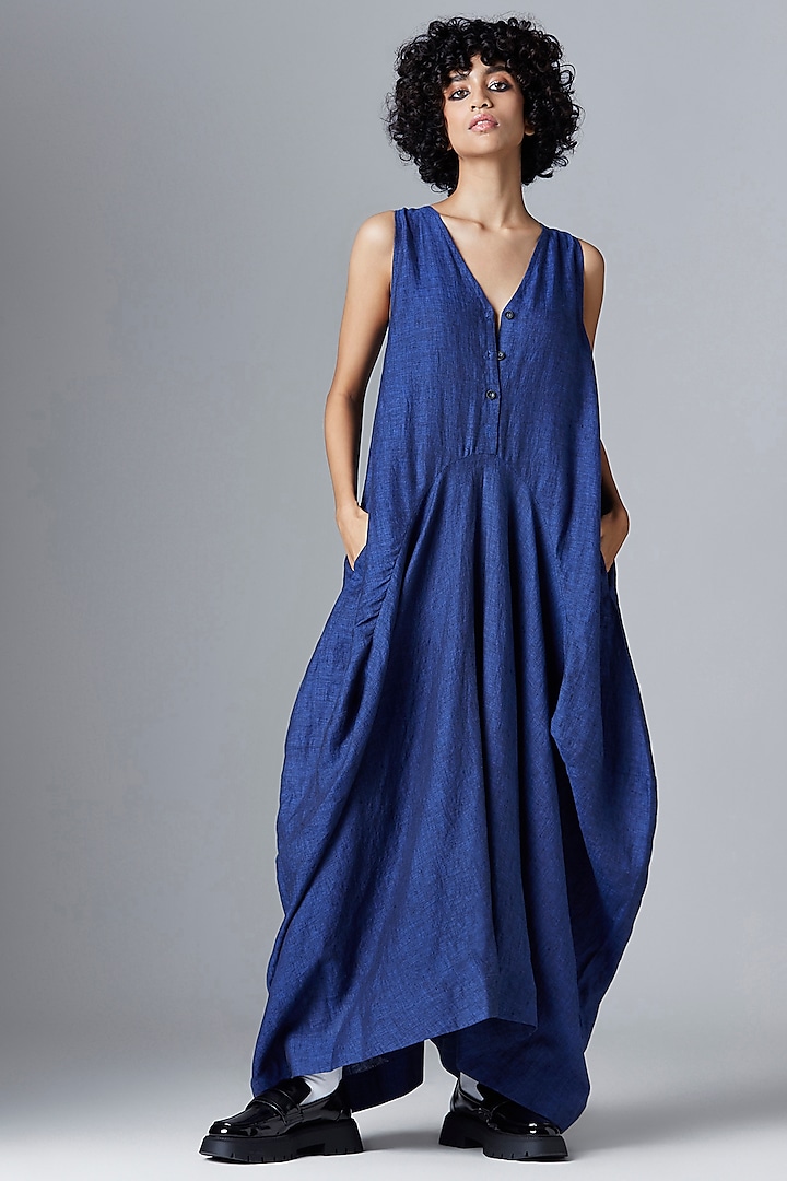 Navy Blue Linen Dhoti Dress by Chola
