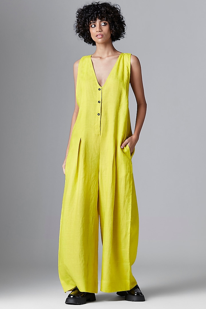 Yellow Linen Pleated Jumpsuit by Chola
