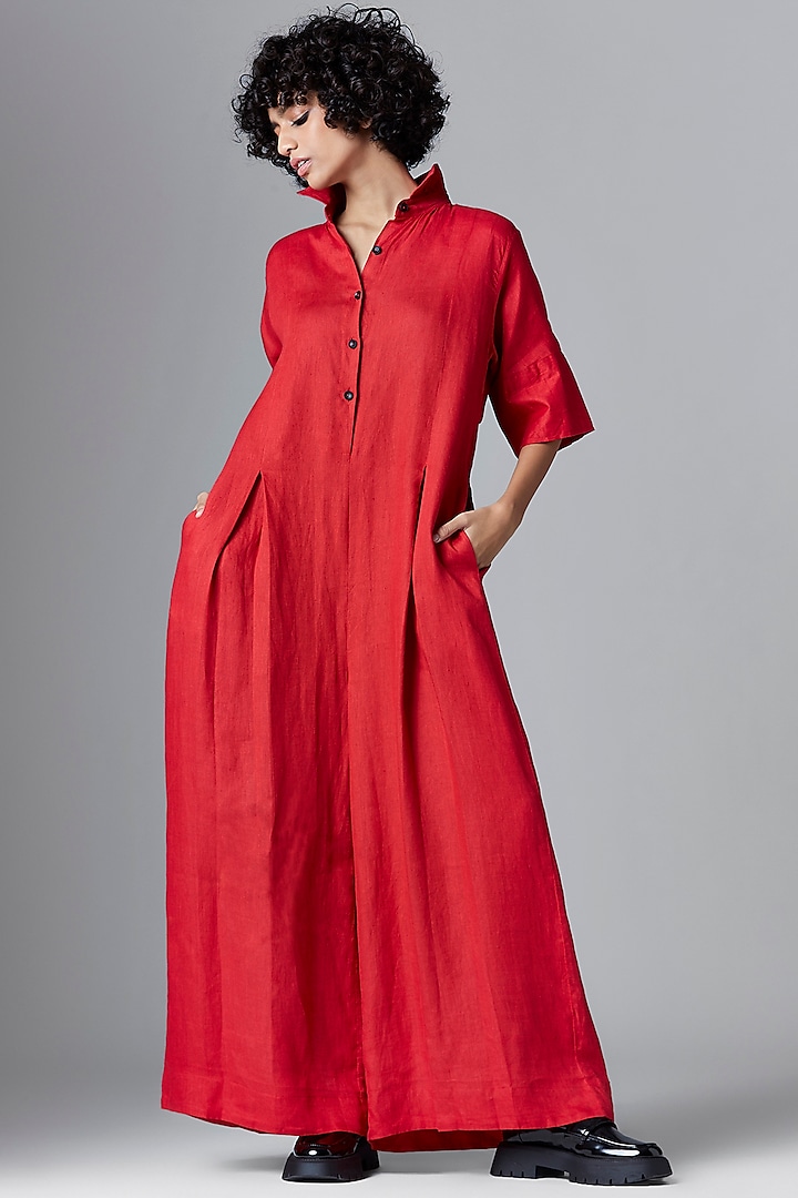 Dark Red Linen Pleated Jumpsuit by Chola at Pernia's Pop Up Shop