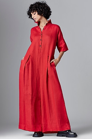 Dark Red Linen Pleated Jumpsuit by Chola