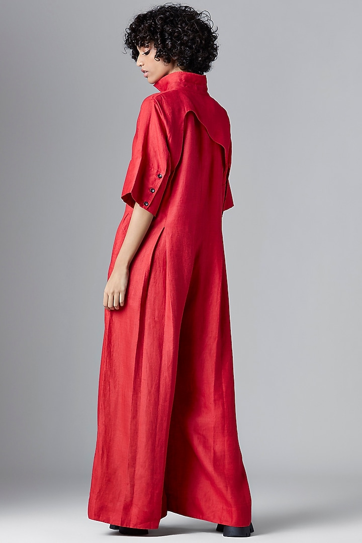 Dark Red Linen Pleated Jumpsuit by Chola at Pernia's Pop Up Shop