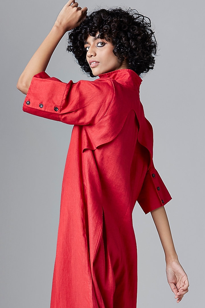 Dark Red Linen Pleated Jumpsuit by Chola at Pernia's Pop Up Shop