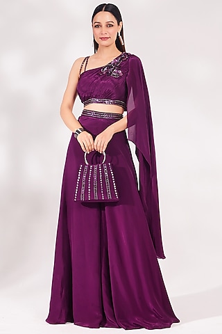 Plum Crepe Sequins Embellished Palazzo Pant Set by Chaashni by Maansi and Ketan