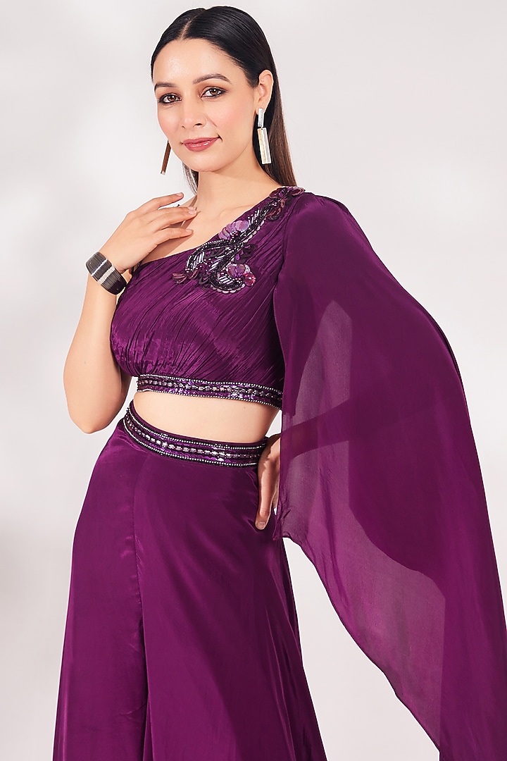Plum Crepe Sequins Embellished Palazzo Pant Set by Chaashni by Maansi and Ketan at Pernia's Pop Up Shop