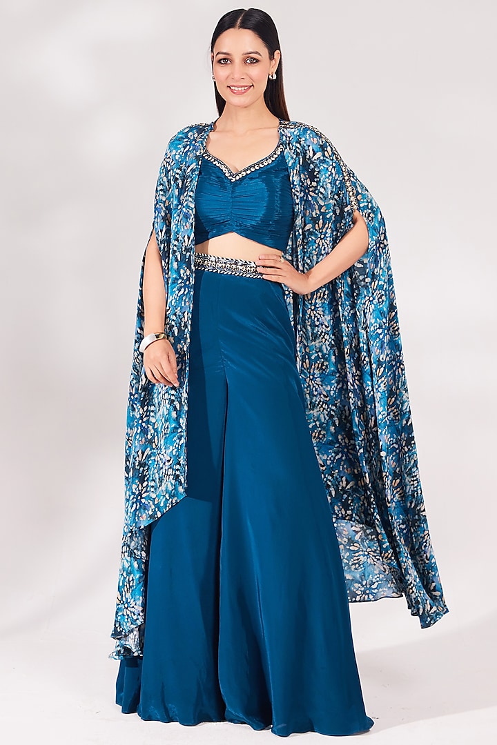 Teal Blue Crepe Sequins Embellished Palazzo Pant Set by Chaashni Pret