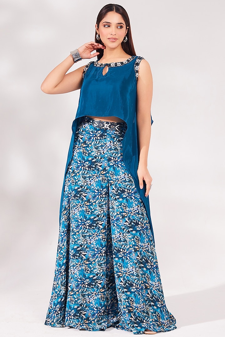 Teal Blue Crepe Flared Palazzo Pant Set by Chaashni Pret